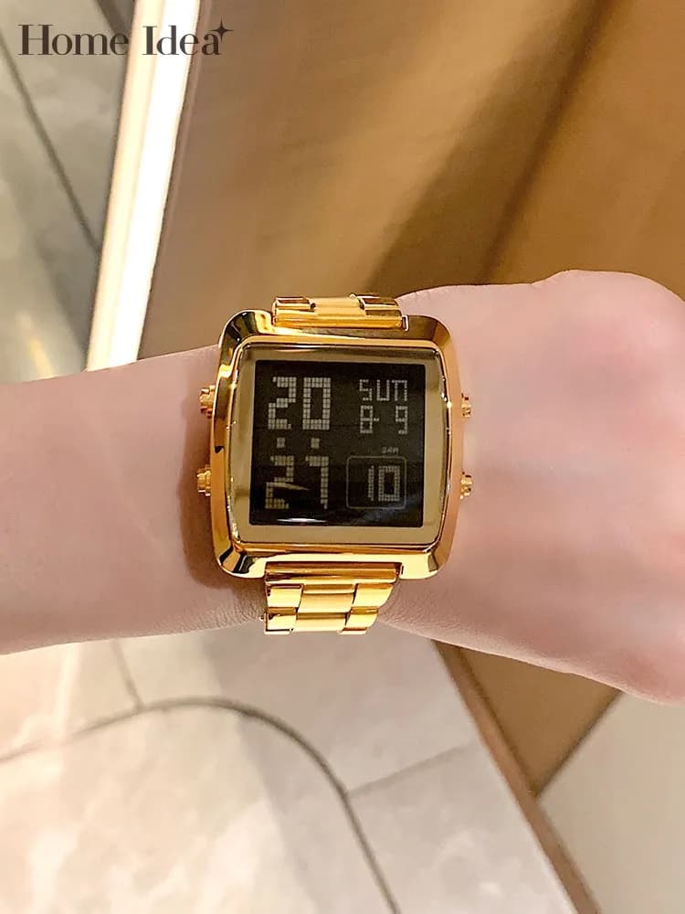 Orologi da Polso Digitali in Acciaio Inossidabile Placcato Oro per Donne, Orologio Luminoso Impermeabile Quadrato Largo alla Moda per Coppie