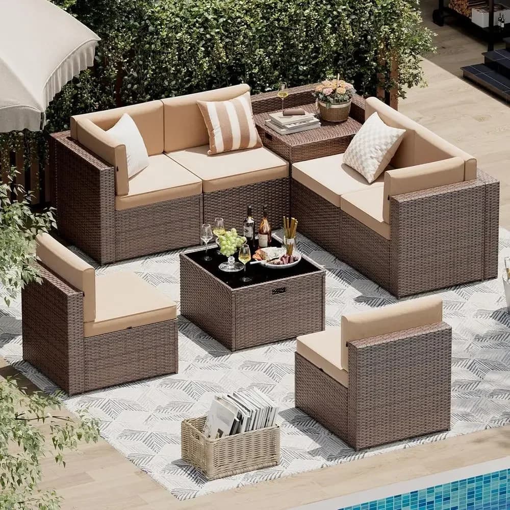 8 Piece Patio urniture Set, Wicker Outdoor urniture with Large Storage Table, Patio Contion Sets with Waterproo Cover, Outdoor S