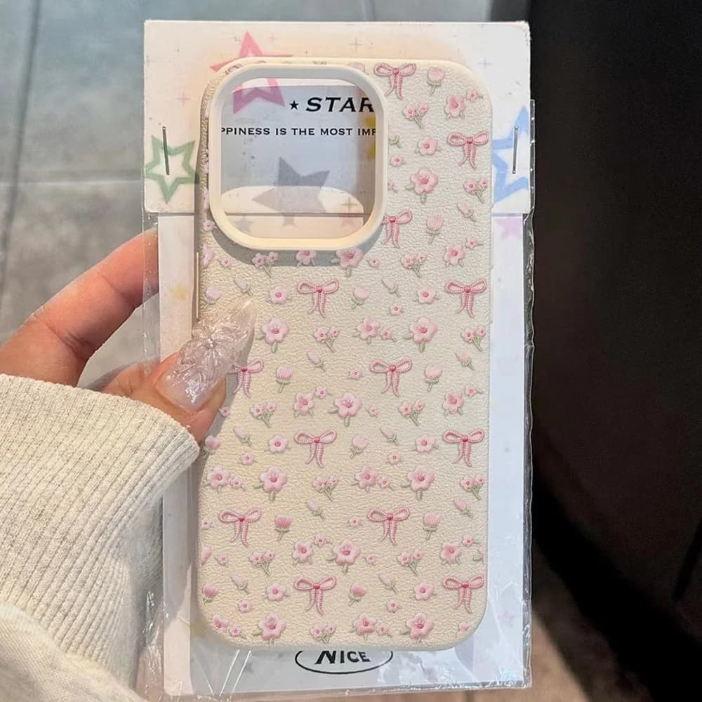 Cute Pink Flower Phone Case For iPhone 16 15 13 11 14 12 17 Pro Max Air Plus Leather Lichee Pattern Shockproof Soft Cover Fundas
