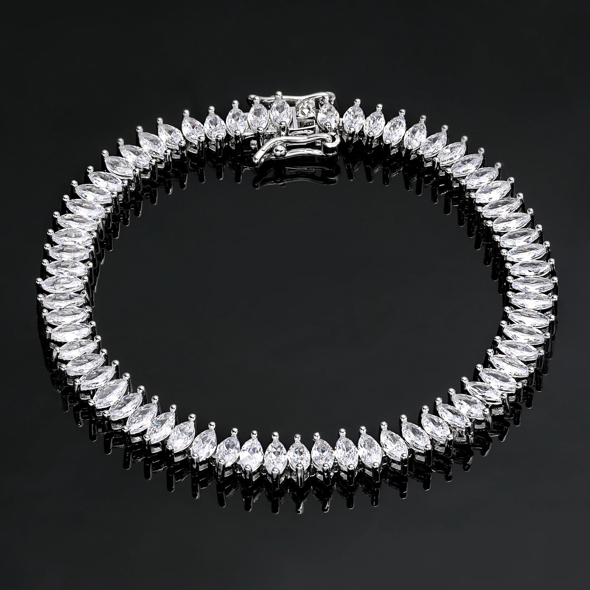 Bracciale Hip Hop Placcato in Oro Bianco con Zirconi Cubici a Taglio Marquise, Stile Bling Bling