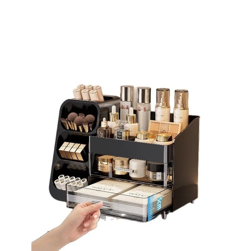Luxury Desktop Cosmetic Storage Box, Vanity Organizer with Divided Compartments for Makeup Brushes, Skincare Storage Rack