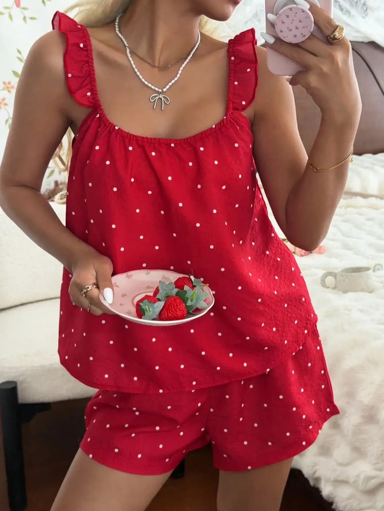 CottageSlumber Set pigiama da donna con canotta e pantaloncini con stampa a pois rossi, abbigliamento da notte estivo