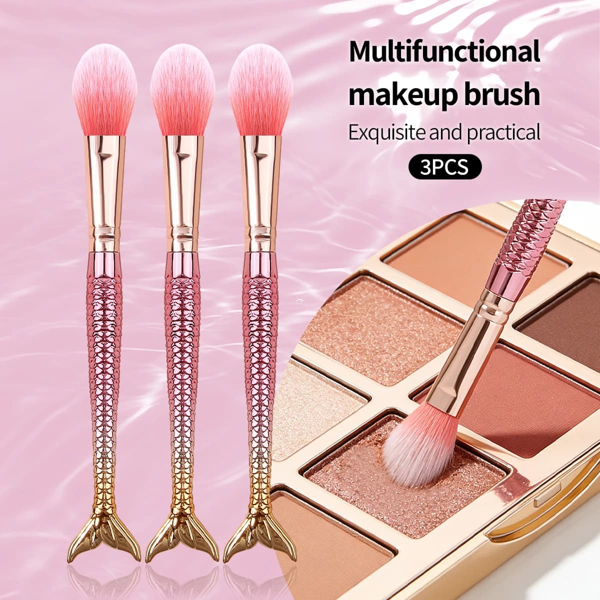 Set di 3 Pennelli Sfumati a Coda di Pesce: Pennello per Blush, Pennello Illuminante, Pennello Contouring - Strumento di Bellezza Multifunzione Portatile per Principianti