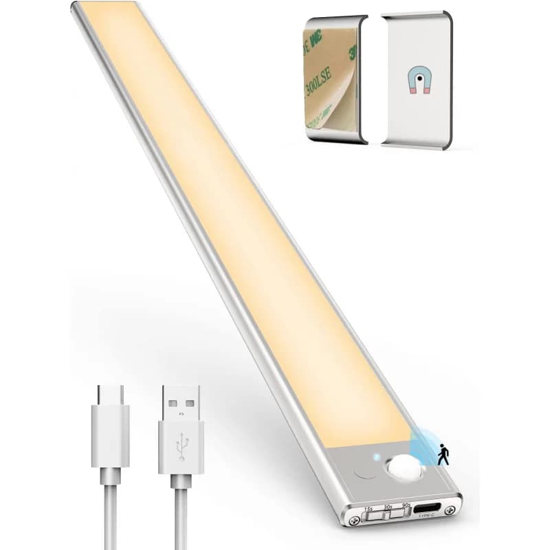 Lampada con sensore di movimento a LED sotto l'armadio Barra luminosa a 3 colori Lampada da notte per interni magnetica dimmerabile ricaricabile a luce LED regolabile
