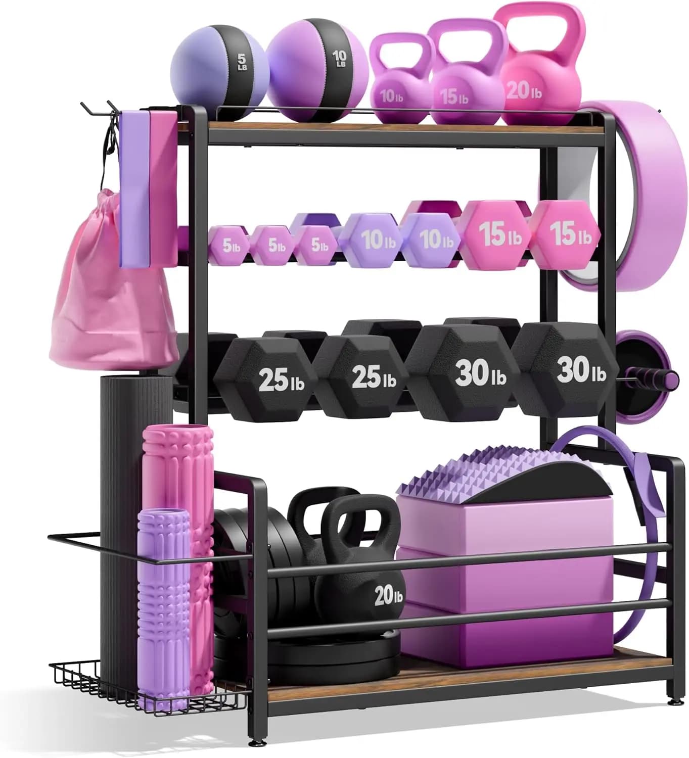 3 Level Bearings for Manubri, Kettlebell and Medicine Ball - Steel Stand Resistant with Lateral Basket