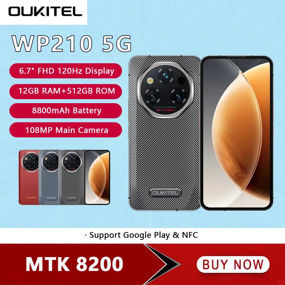 OUKITEL WP210 5G Telefono robusto MTK 8200 6.7 pollici FHD + 12GB RAM 512GB ROM Telefono cellulare 8800mAh 108MP Android15 45W Cellulare NFC