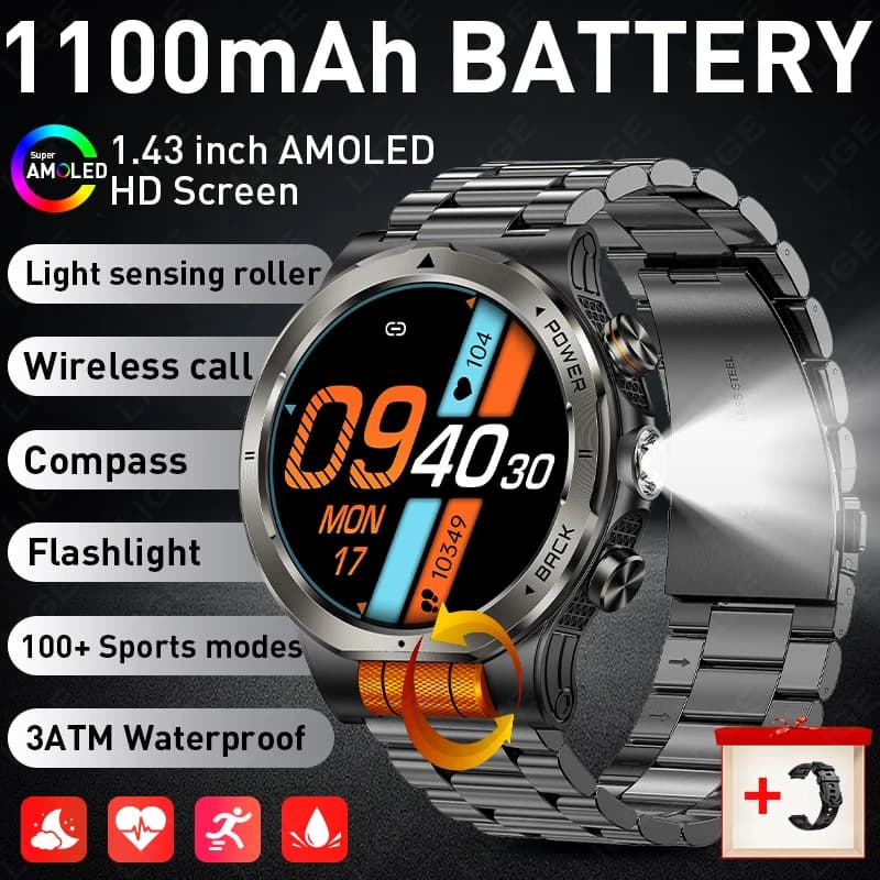 Outdoor Sport Smart Watch 1.43” AMOLED New LED Flashlight Fitness Tracker BT Call 3ATM Waterproof 1100mAh Battery Smartwatch Men