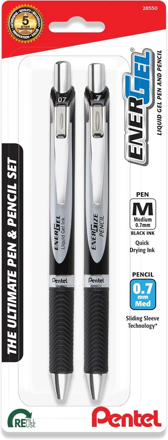 Set di Penne Gel e Matite Meccaniche per Scrittura Fluida, Fusto Nero, Punta da 0,7 mm