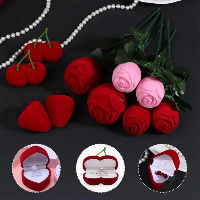1/2Pcs Romantic Rose Heart Strawberry Flocked Ring Box Velvet Jewelry Packaging Case Valentine's Christmas Day Wedding Gifts Box