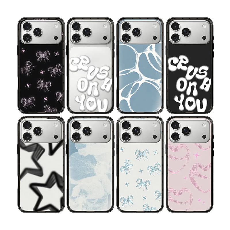 Cover Magnetica per iPhone con Bordo Acrilico a Cuore, Fiocco e Stella per iPhone 13 14 15 16 17 Pro Max e iPhone Air