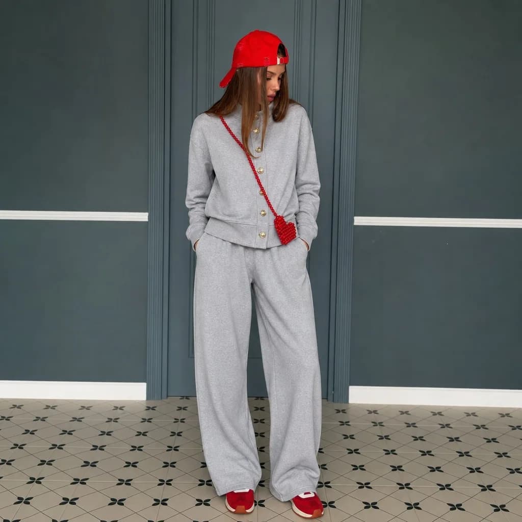 Zekye Cardigan Sweater Set Pants Two-pieceSet Early Autumn Solid Color Casual Stand-up Collar Wide-leg Pants Set New Spice Girls