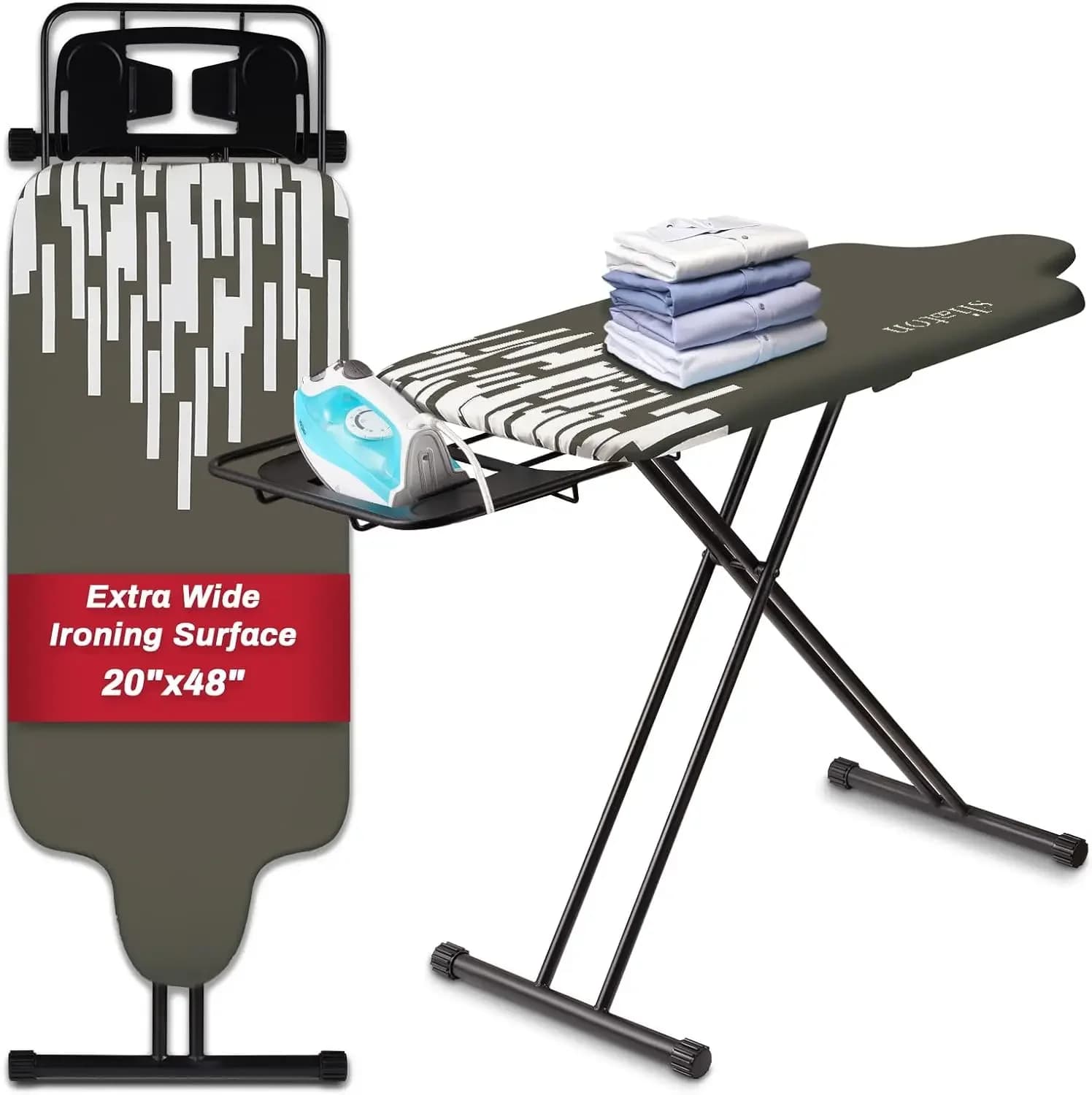 Asse da Stiro Extra Large con Barra Appendiabiti e Supporto per Ferro da Stiro 162 cm L x 51 cm L x 97 cm H (Grande con Supporto Scorrevole per Ferro da Stiro)