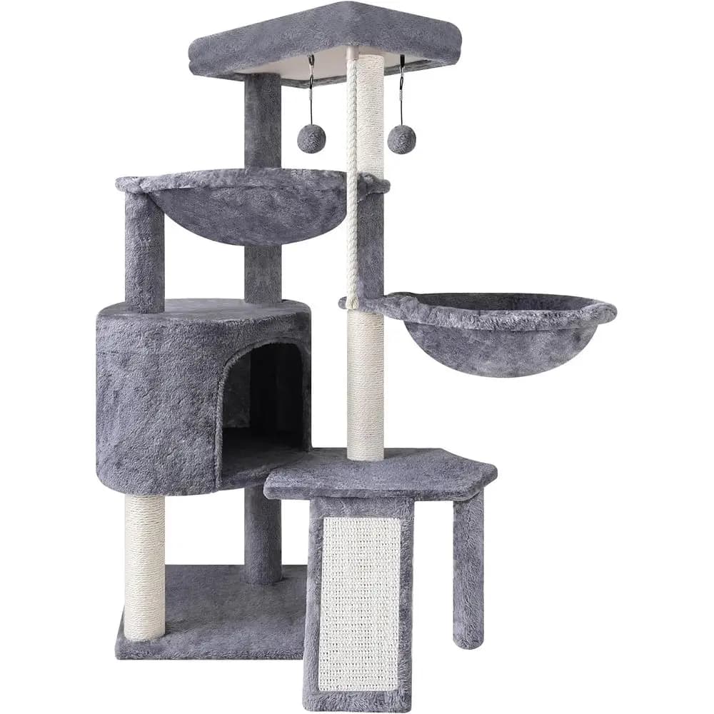 Albero per gatti a tre livelli con casetta e doppie amache, grigio