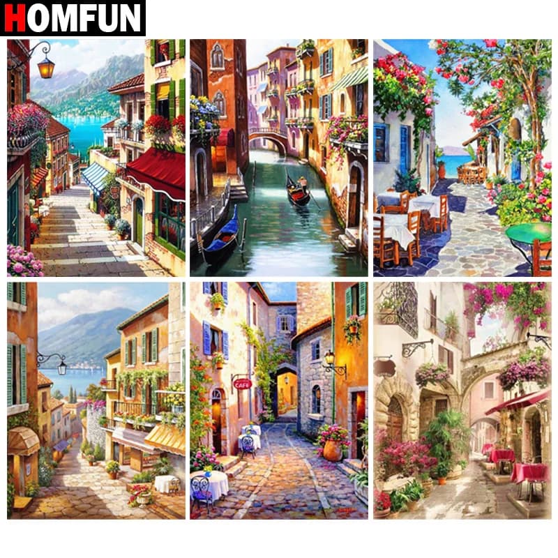 HOMFUN Ricamo pieno di diamanti "Paesaggio Fiore di strada" Pittura diamante Modelli punto croce Strass Decorazioni per la casa incompiute