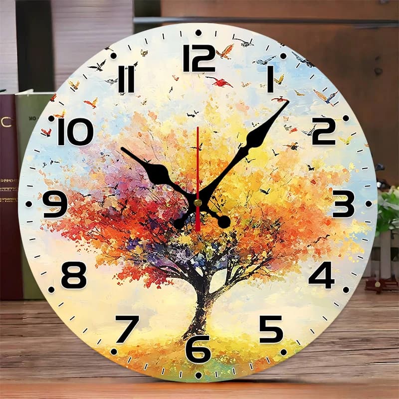 Wooden Round Suspended Wall Clock with Autumn Tree, suitable for living room, office, study room, bedroom, home decoration