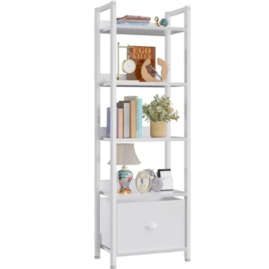 Libreria Alta e Stretta con Cassetto, Scaffale in Legno e Metallo, Organizzatore per Libri, Espositore Moderno