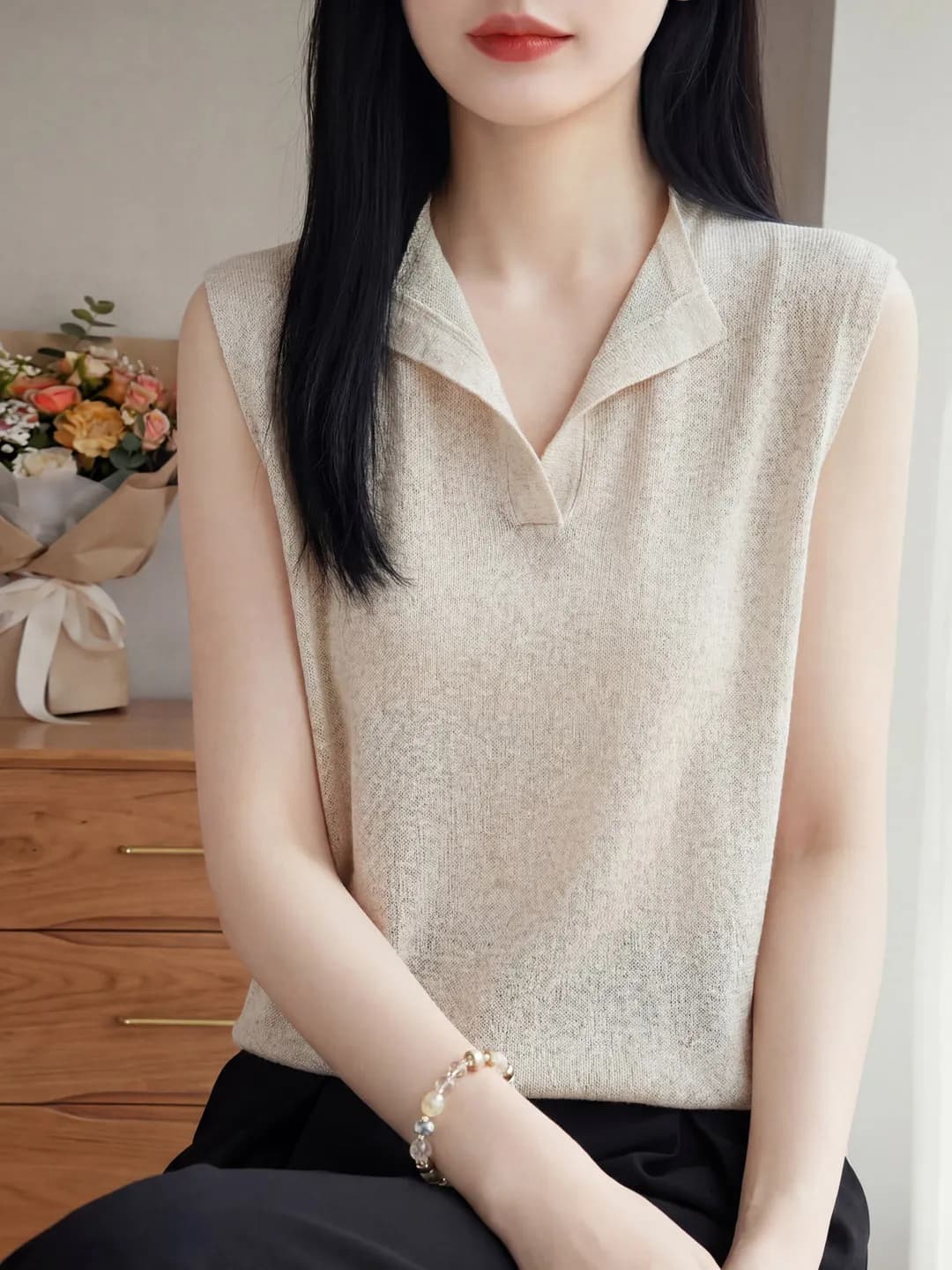 Loose Knitted Ice Hemp Sleeveless Vest Women's T-Shirt Summer Thin Style Versatile Commute V-Neck Top Breathable Comfortable