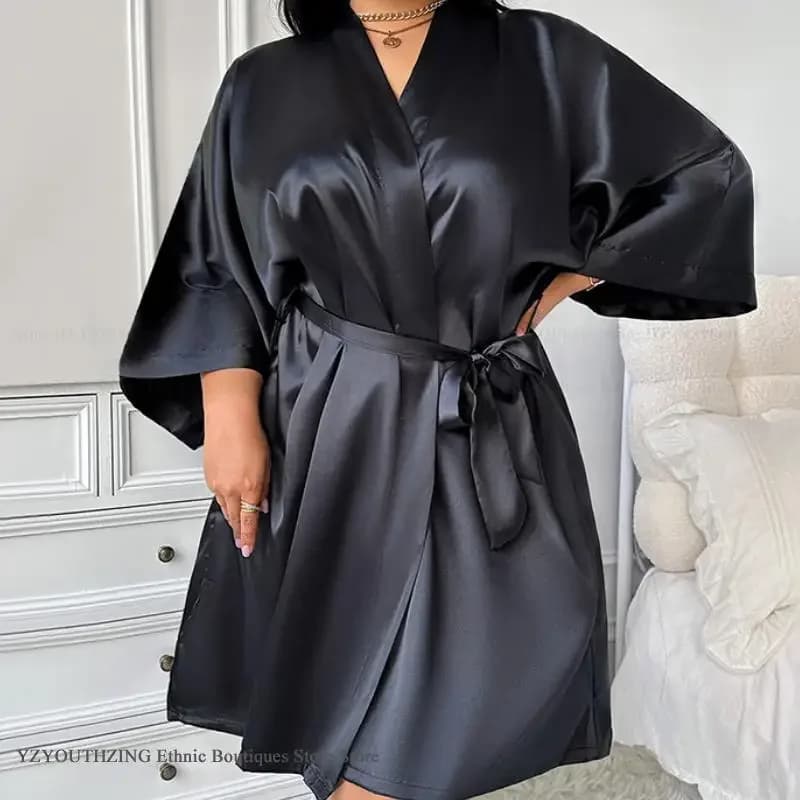 Di grandi Dimensioni 3XL 4XL 5XL Donne Robe Pigiama Nero Raso di Seta Kimono Bathrobe Abito Sexy Casa Abito Degli Indumenti Da Notte Allentato Pigiama