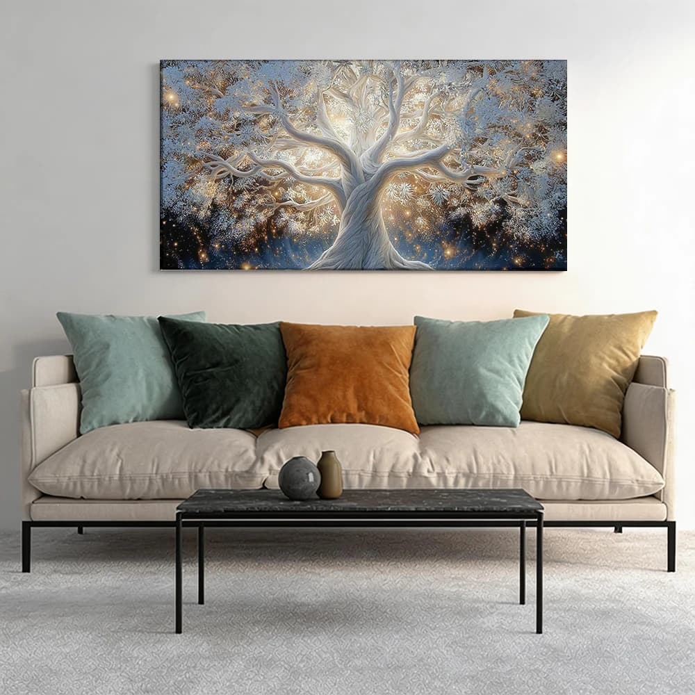 Painted on canvas with large wooden frame, 1 piece, Enchanted Tree, Shiny Bright.