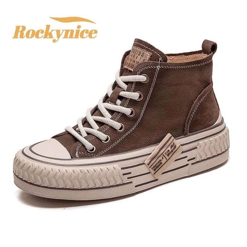 2026 New Spring Genuine Leather Sneakers Women White Shoes Lace-up Sewing Flats Handmade Leisure Comfortable High-top Shoes 4CM