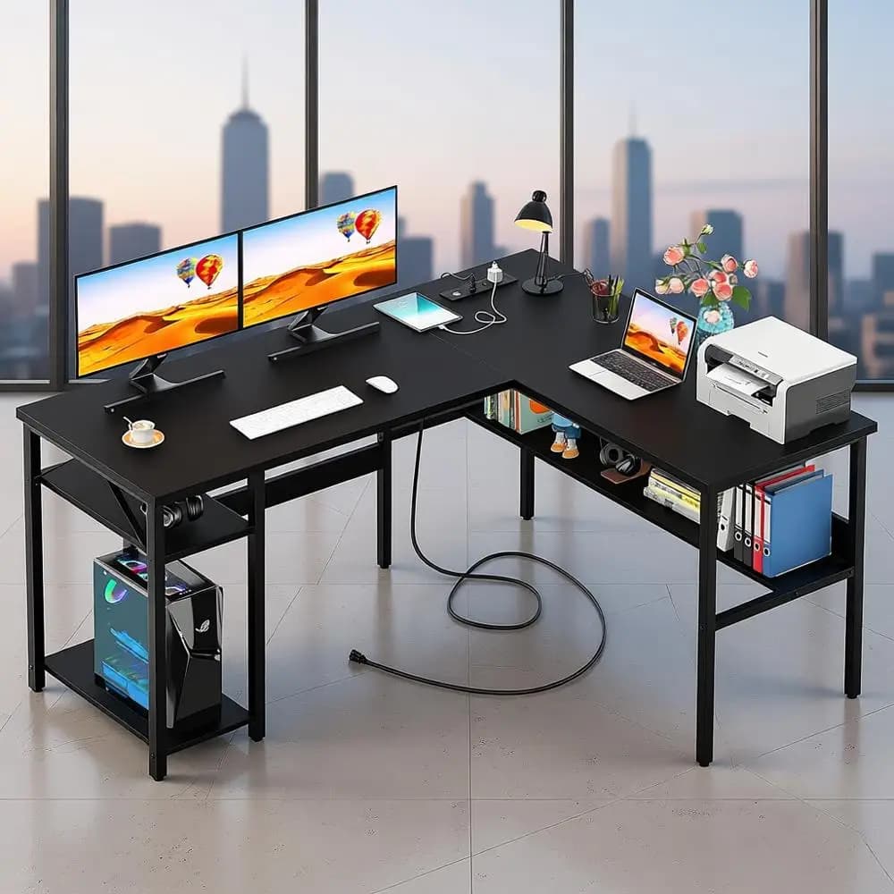 Scrivania reversibile a L con prese di corrente magiche e porte USB, robusta scrivania da gioco per casa con ripiani portaoggetti, facile da montare