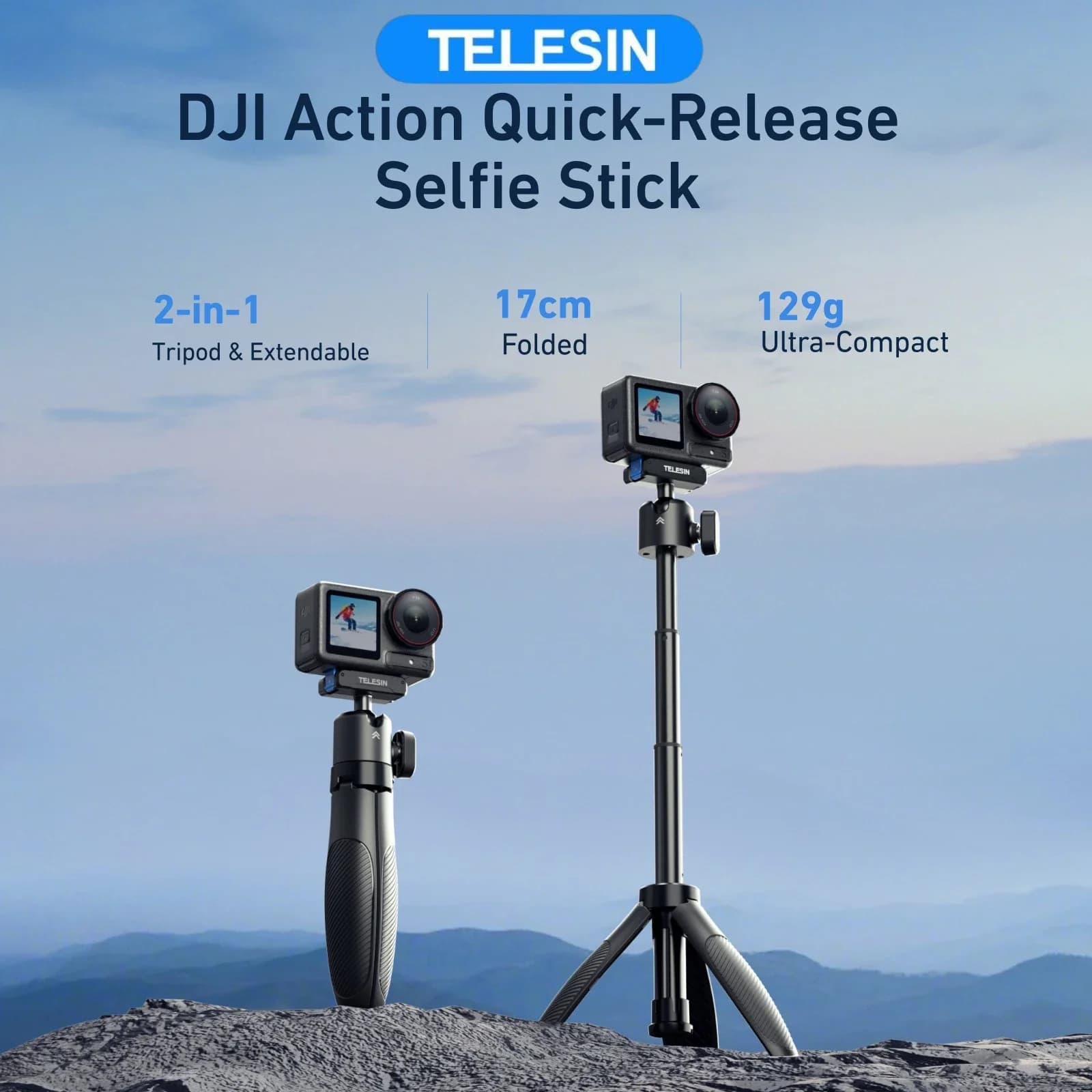 TELESIN Mini treppiede per selfie stick ruotabile per DJI OSMO 360 Action 5 Pro 4 3 Accessori Bastone selfie portatile a sgancio rapido
