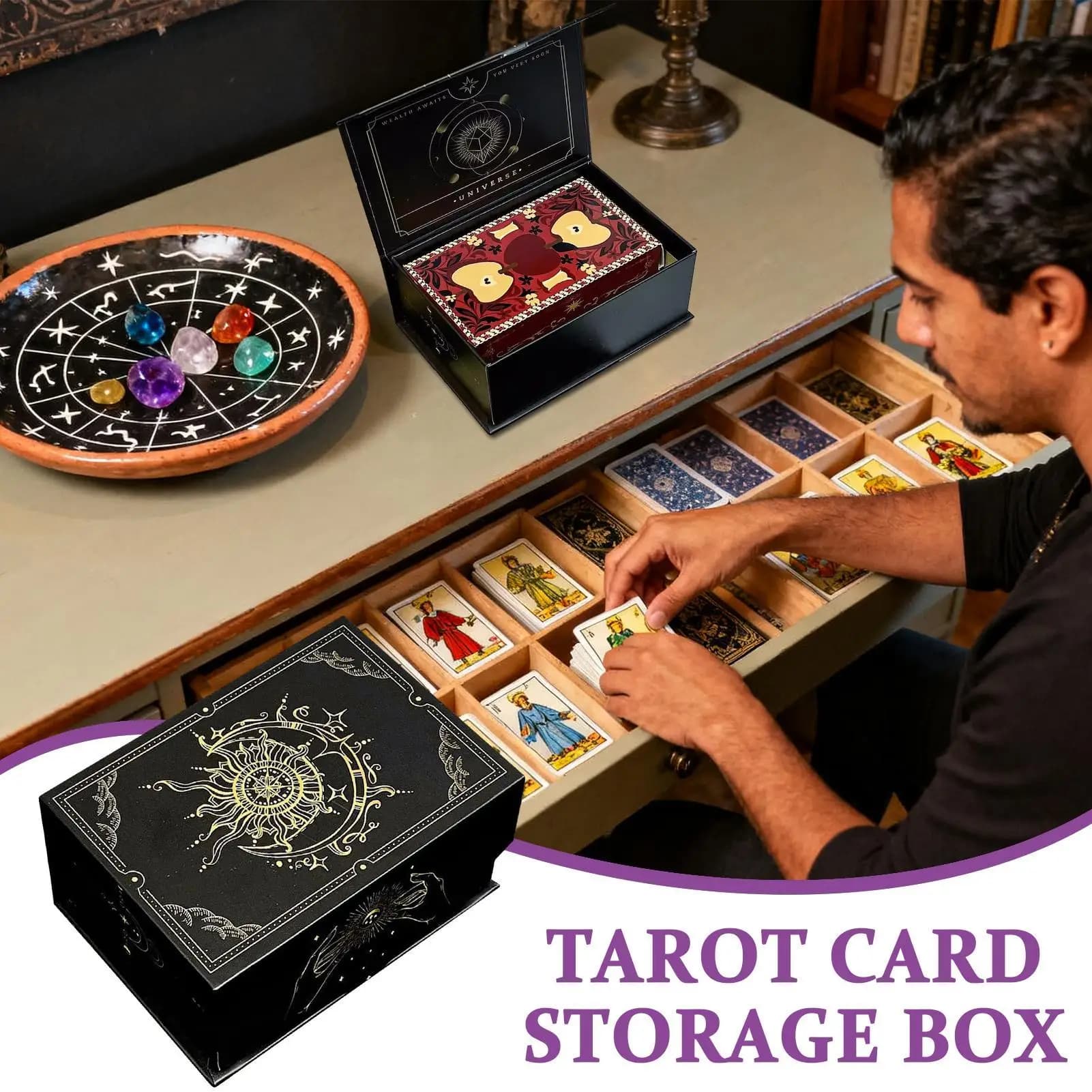 Scatola per mazzi di tarocchi Organizzatore di archiviazione leggero ed ergonomico Porta carte di tarocchi e custodia per visualizzare ricordi di gioielli per interni ed esterni