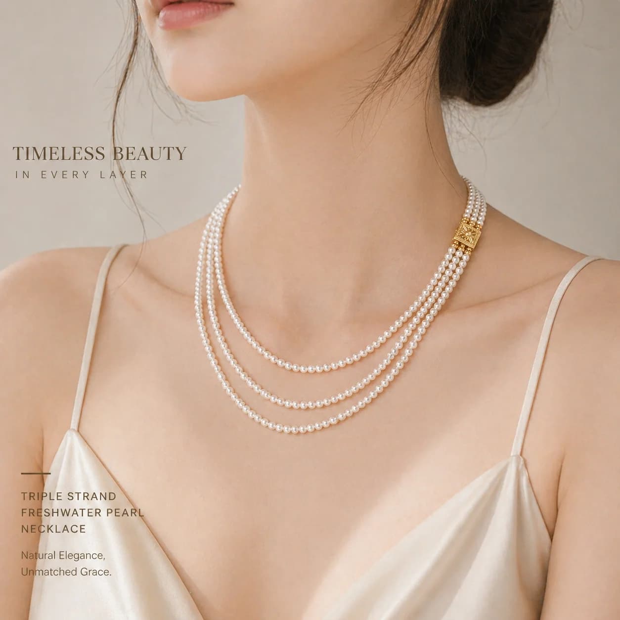 Collana di Perle Naturali d'Acqua Dolce 3-4mm, Girocollo a 3 File con Chiusura Placcata in Oro 14K, Elegante Regalo di Gioielleria per Donne