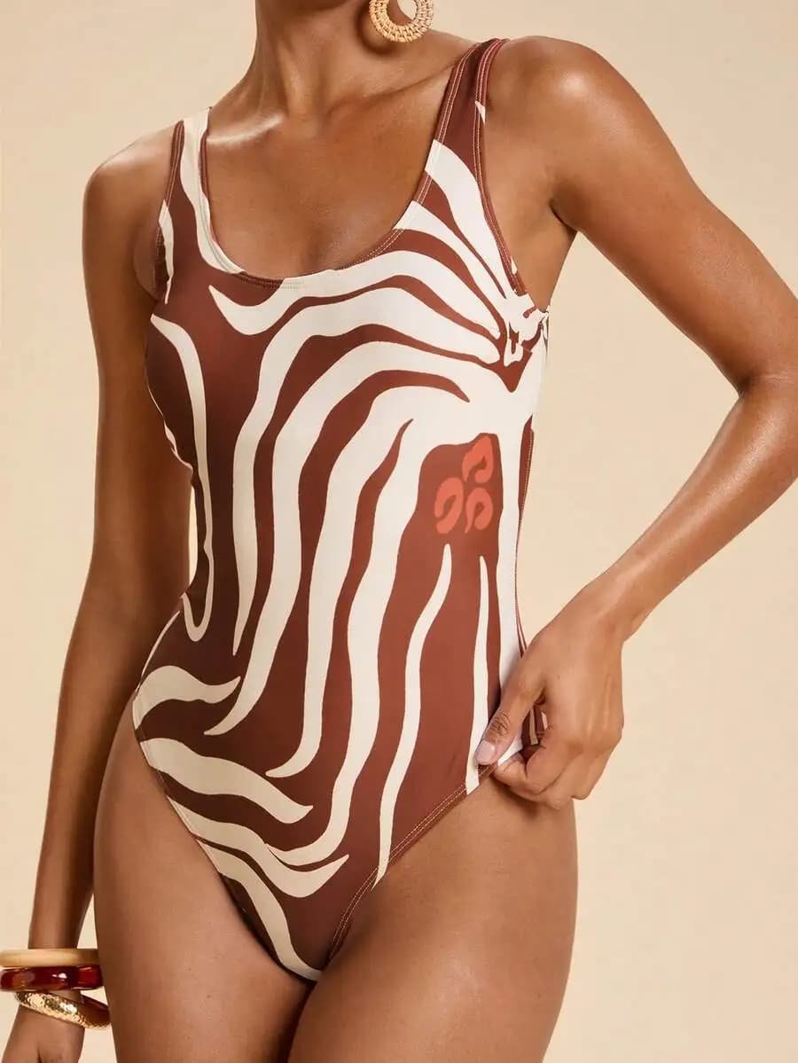 Women Abstract Zebra Print Square Neck One-Piece Swimsuit Brown White
