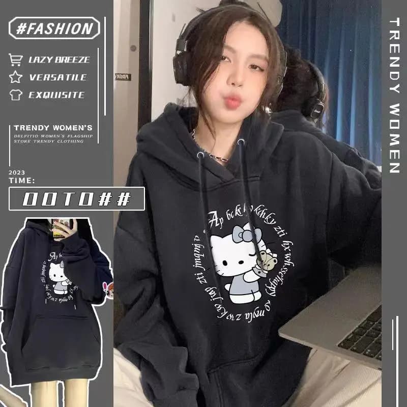 Felpa con Cappuccio Hello Kitty Y2K Oversize per Coppie, Maglione Anime Autunno Inverno in Peluche Kawaii per Ragazze, Felpa in Cotone Spessa e Trendy