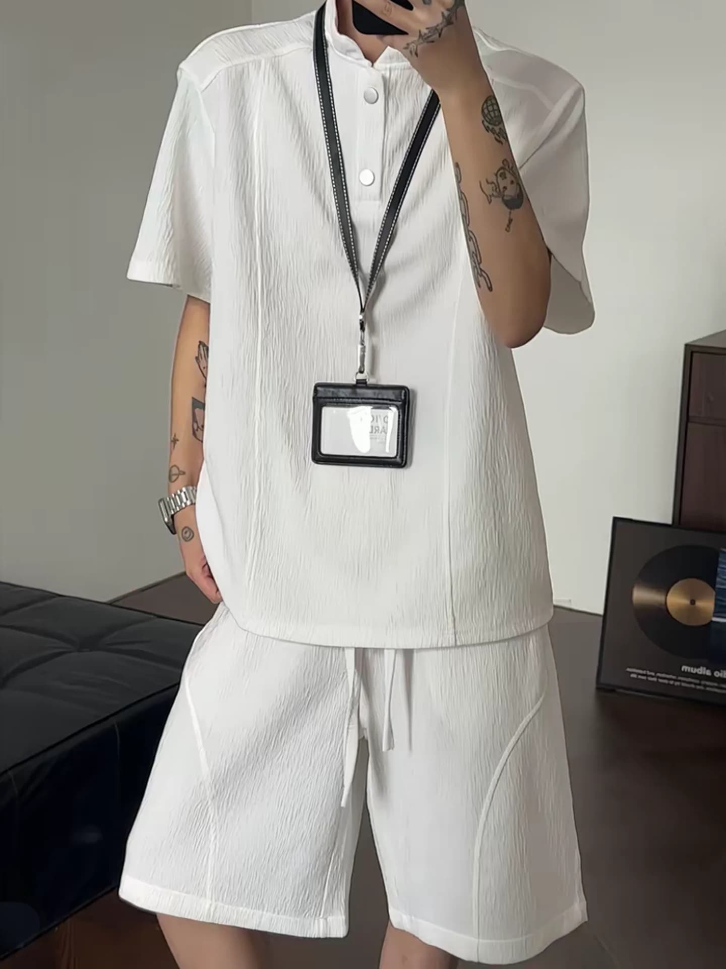 Cleanfit White Ice Silk Set Men's Summer Thin Henry Collar Texture T-Shirt Short Sleeve Shorts Two-Piece Set Casual Sportswear
