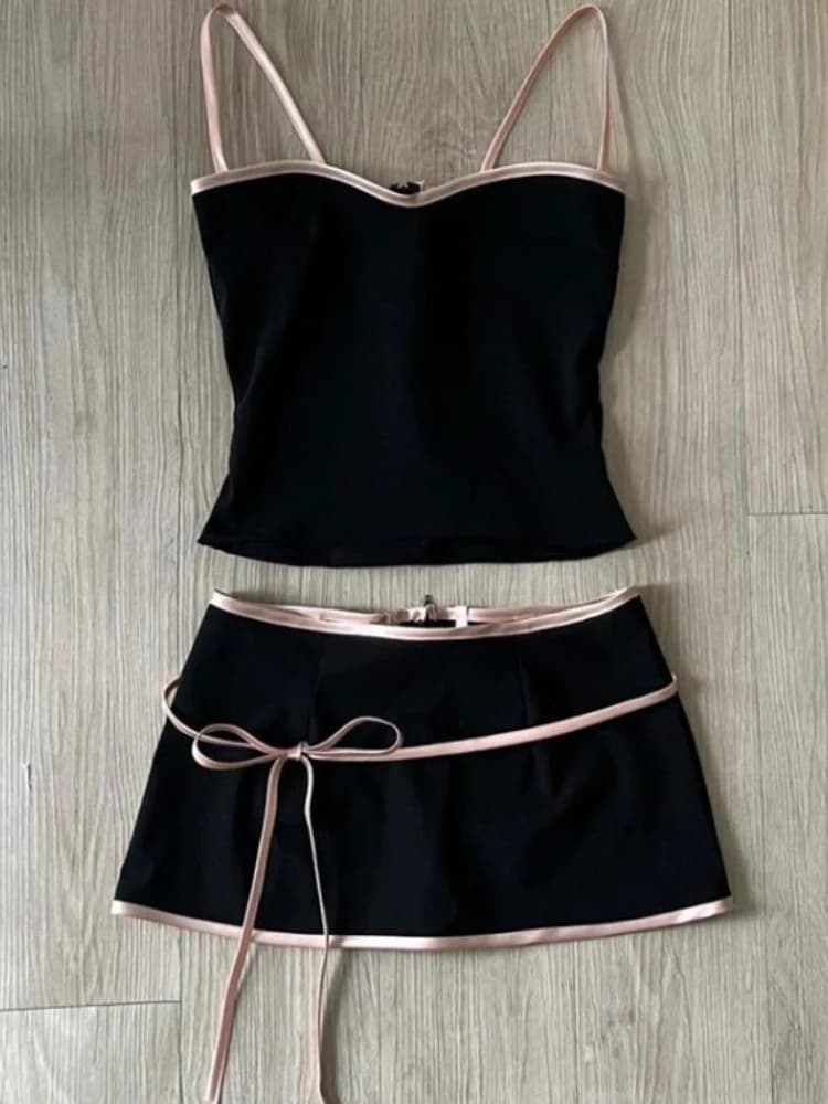 Set vintage elegante in due pezzi - Minigonna sottile senza maniche con cinturino con fiocco nero Abito formale da sera per feste di Natale per donna Nuovo