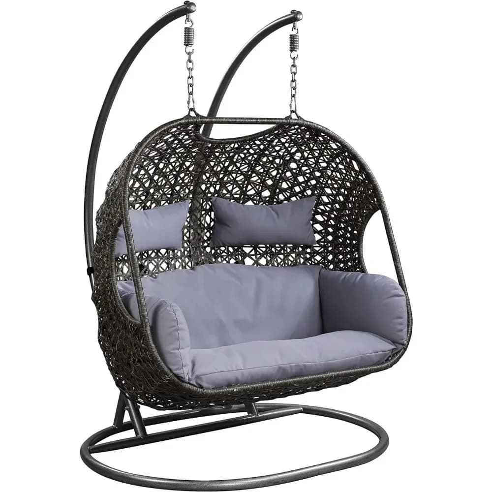 Una doppia altalena per 2 persone sospese, sedia a uovo in rattan di vimini, cuscino resistente ai raggi UV con supporto in acciaio per giardino con patio esterno interno,G