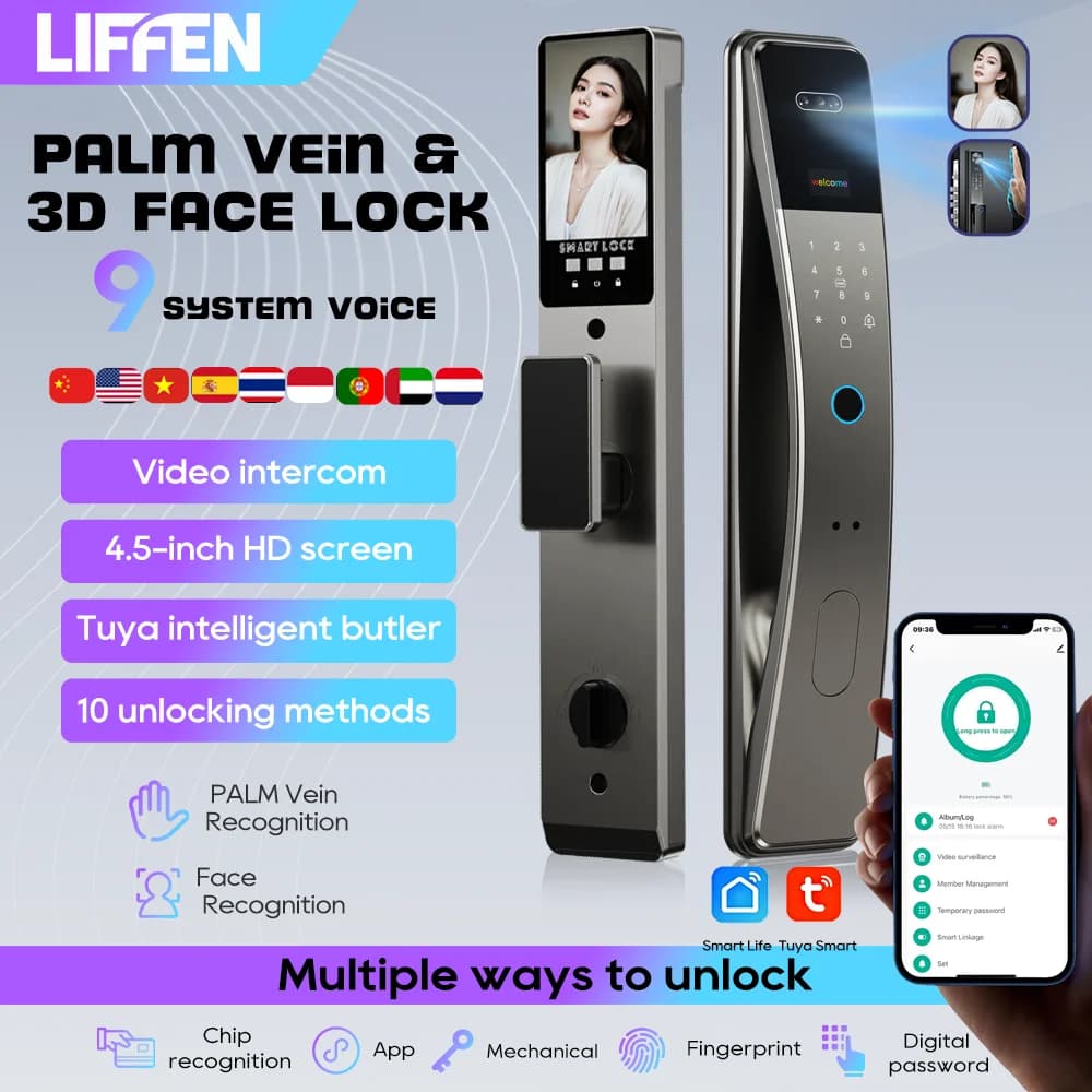 Serratura Intelligente con Riconoscimento Facciale 3D, Impronta Digitale e Password, con Telecamera, Sblocco Tramite Impronta Digitale e Password, Serratura Elettronica Senza Chiave