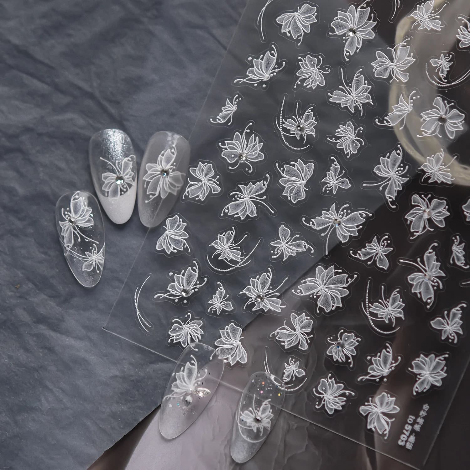 Sheer White Yarn Butterfly Line Butterfly with Rhinestone Ballet Style 5D Embossed Nail Stickers Self-Adhesive Nail Art Decals