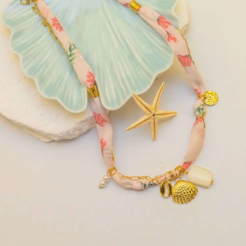 Collana a Catena con Ciondoli a Forma di Fiore, Stile Etnico, Corda in Nylon, Choker con Charm di Organismi Marini, Accessori di Gioielleria