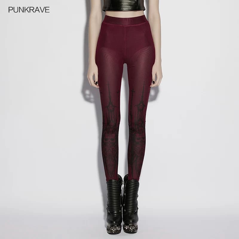 PUNK RAVE Leggings da donna in rete con stampa gotica a forma di teschio, delicati sulla pelle, con elastico in vita, pantaloni slim sexy