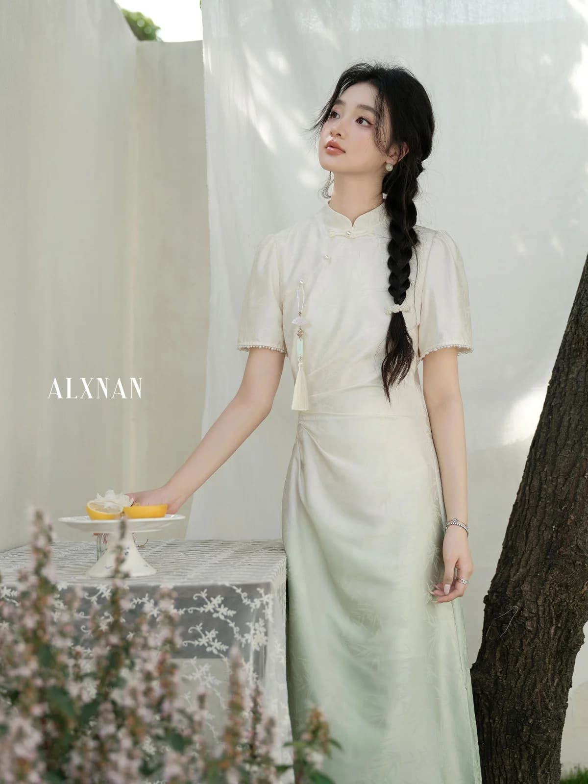 Elegant Short-Sleeve Dress New Chinese Style Women's Summer Slimming Short Dress A-Line Skirt Gradient Color