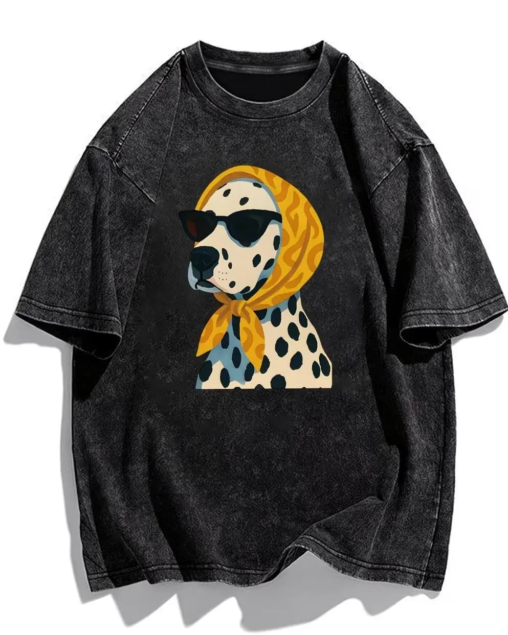 Funny Dalmatian with Sunglasses T-Shirt Washed Cotton Humorous Dog Graphic Tee Animal Print Top Creative Streetwear Apparel