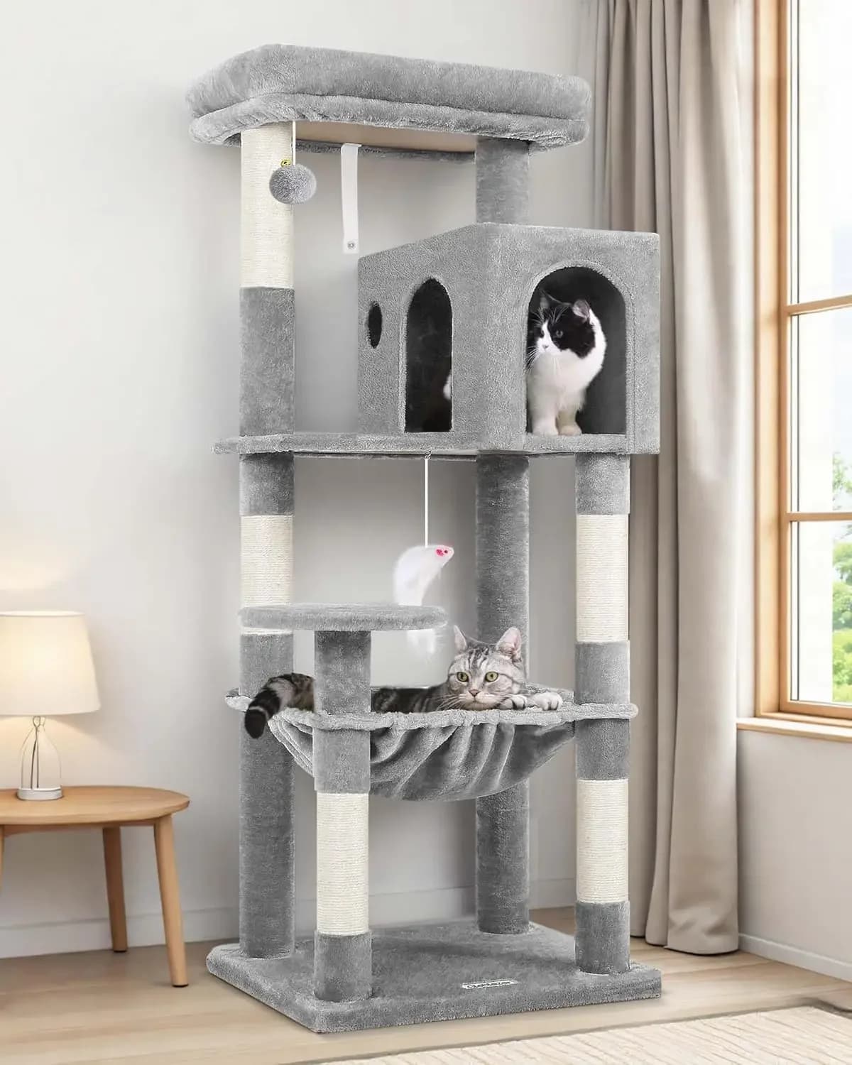 Albero per gatti multi-livello da 53 pollici con posti per grattare, amaca e grotta, grigio chiaro