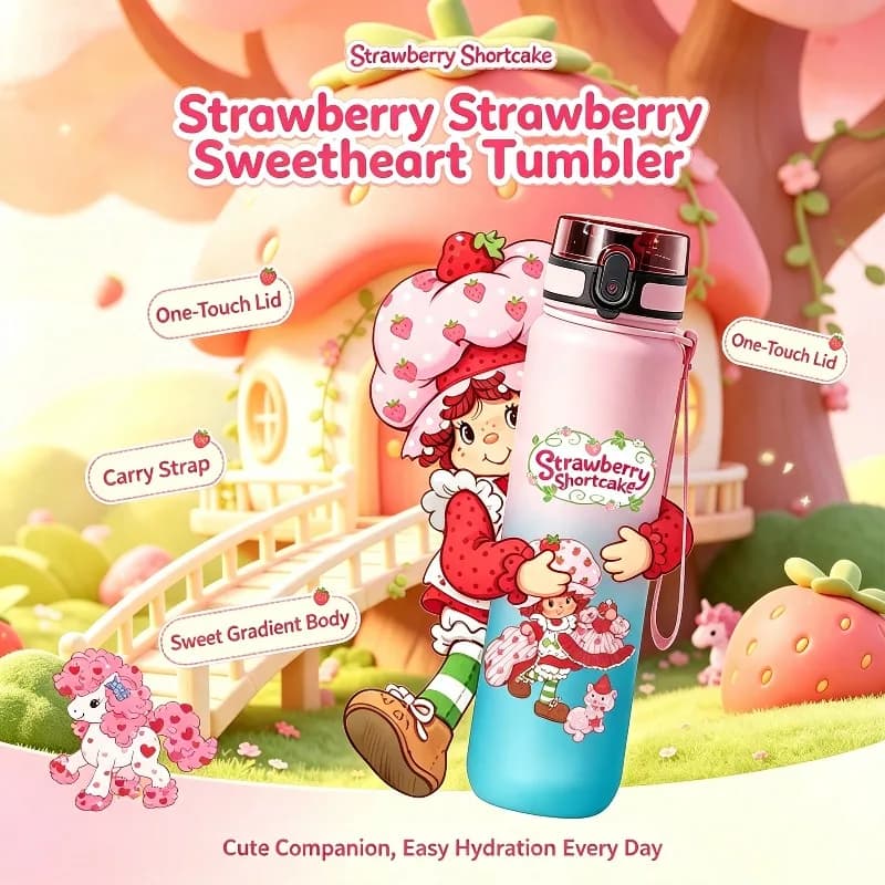 650ml Strawberry Shortcake Water Bottle, One Click Flip Lid Leakproof Cup, Gradient Frosted Tumbler with Lanyard for Outdoor