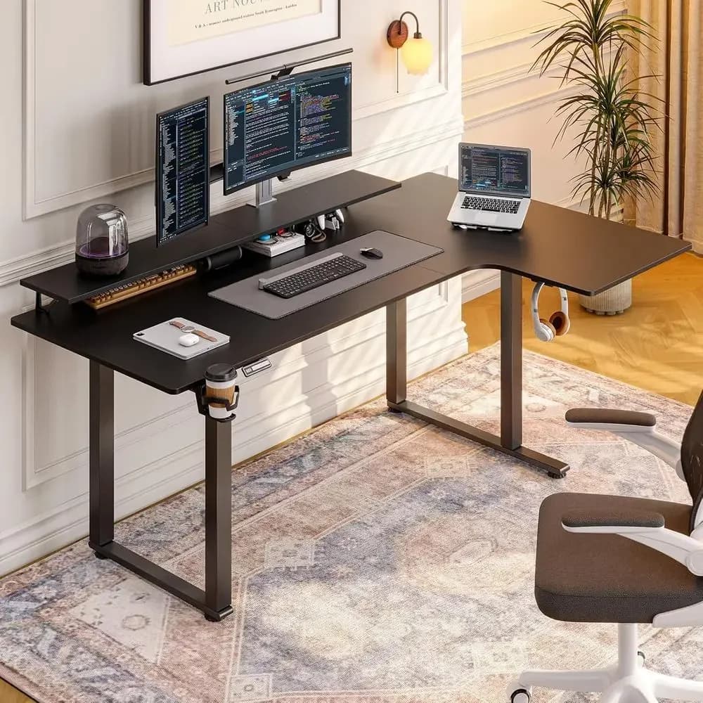 Scrivania Elettrica a L 71x43 con Doppio Motore, 2 Ripiani per Monitor, Altezza Regolabile 28-46 per Gaming e Ufficio