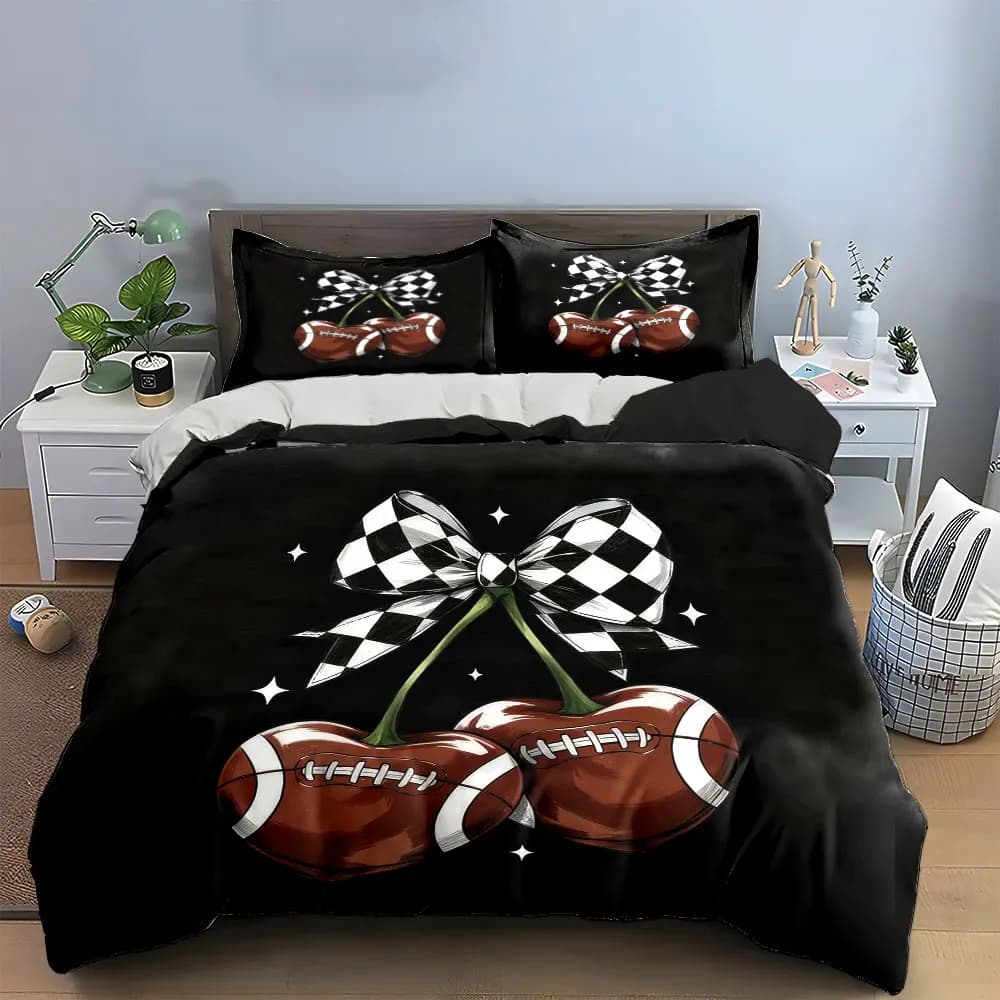 Checkered Bow Football Cherry Design Bedding Set with 1 Duvet Cover 2 Pillowcases Single Double King Queen, Gift