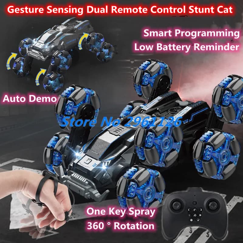 8 wheel watch with gesture detection, double remote control for acrobatic cars 2.4G 360 ° Rotation Intelligent programming RC acrobatic car toys with a key spray