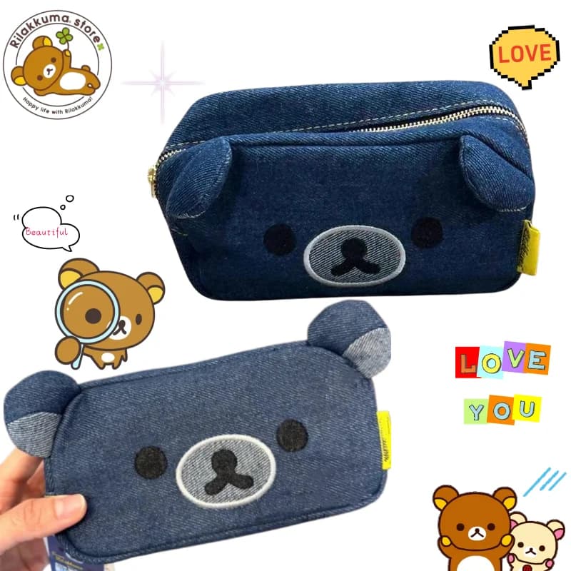 Rilakkuma Denim Stationery Bag Cute Cartoon Fashionable and Good-looking Large Capacity Simple and Portable Pencil Bag Gift