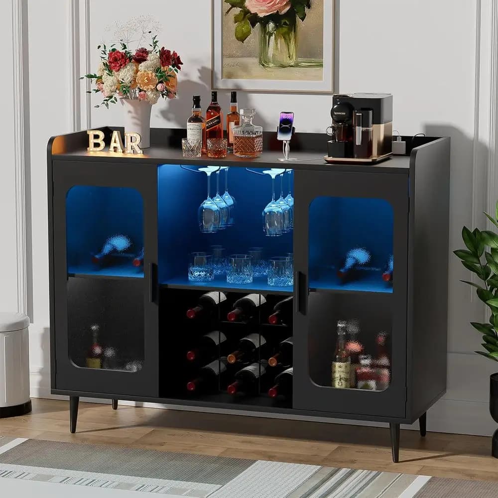 Mobiletto Illuminato con Presa di Corrente, Portabottiglie e Portabicchieri per Casa, Sala da Pranzo o Cucina in Nero