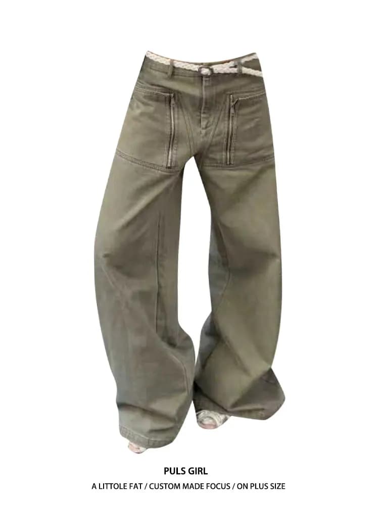 plus Size American Retro Washed Zipper Pocket Design Workwear Jeans Women's Loose Wide Leg Long Trousers Casual High Waist