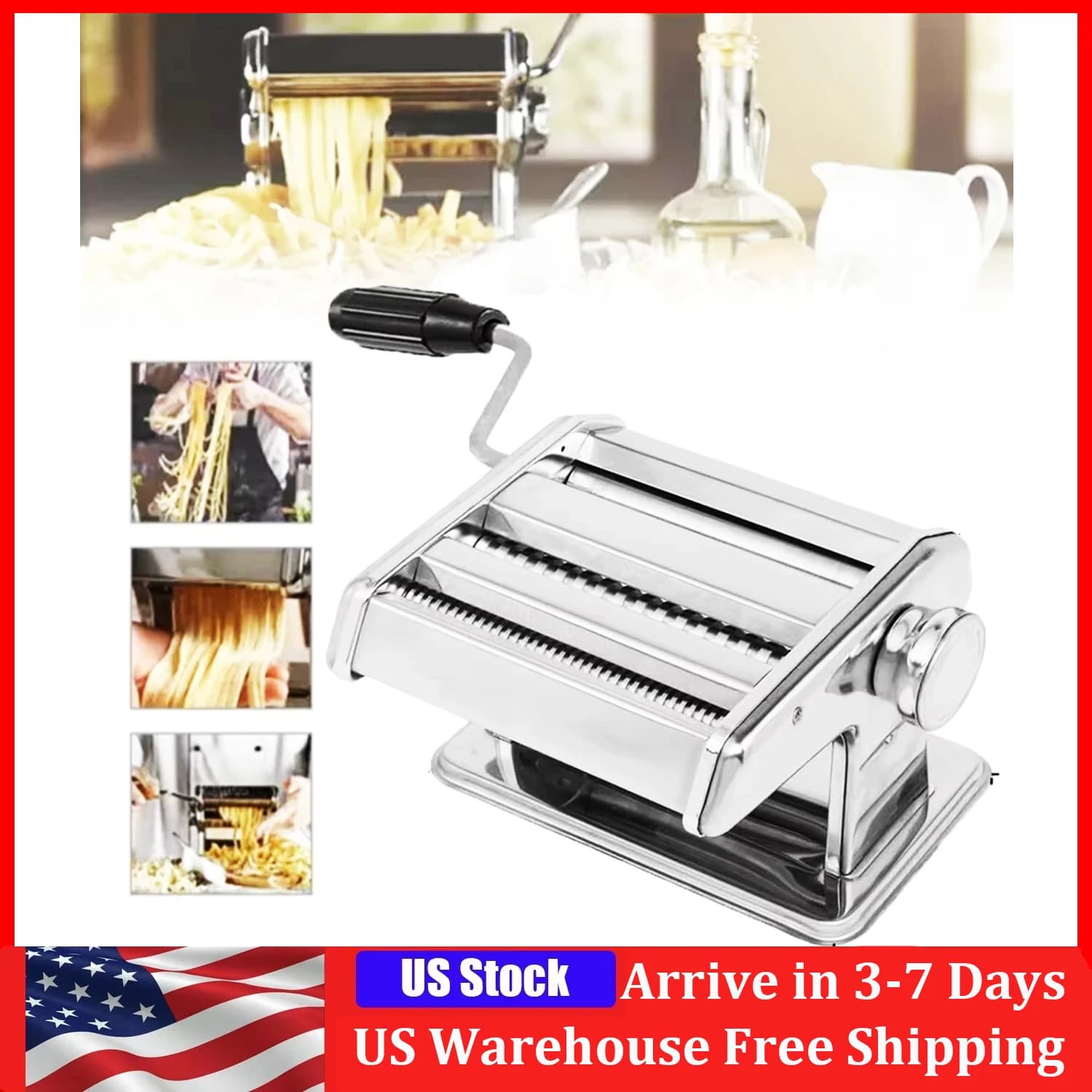 Macchina per Pasta in Acciaio Inox, Pressa Manuale Regolabile per Noodle e Ravioli, Due Lame per Spaghetti, Fettuccine e Lasagne
