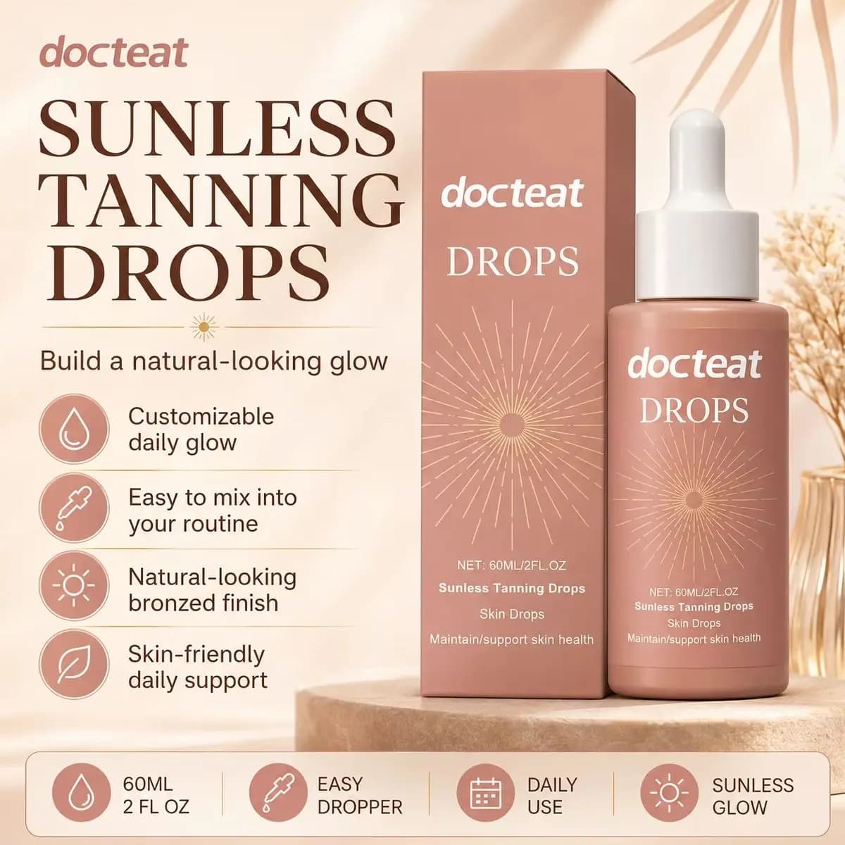 Sunless Tanning Drops Herbal Skin Support Supplement – Nourishing Skin Formula for Healthy Appearance – 60ml