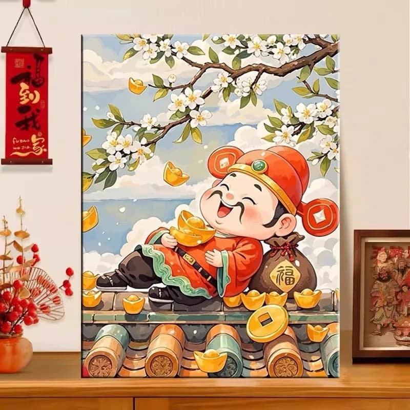 2025 New Diamond Painting Wealth God Living Room Entrance Handmade Stick Diamond Cross Stitch Decorative Frame with Picture